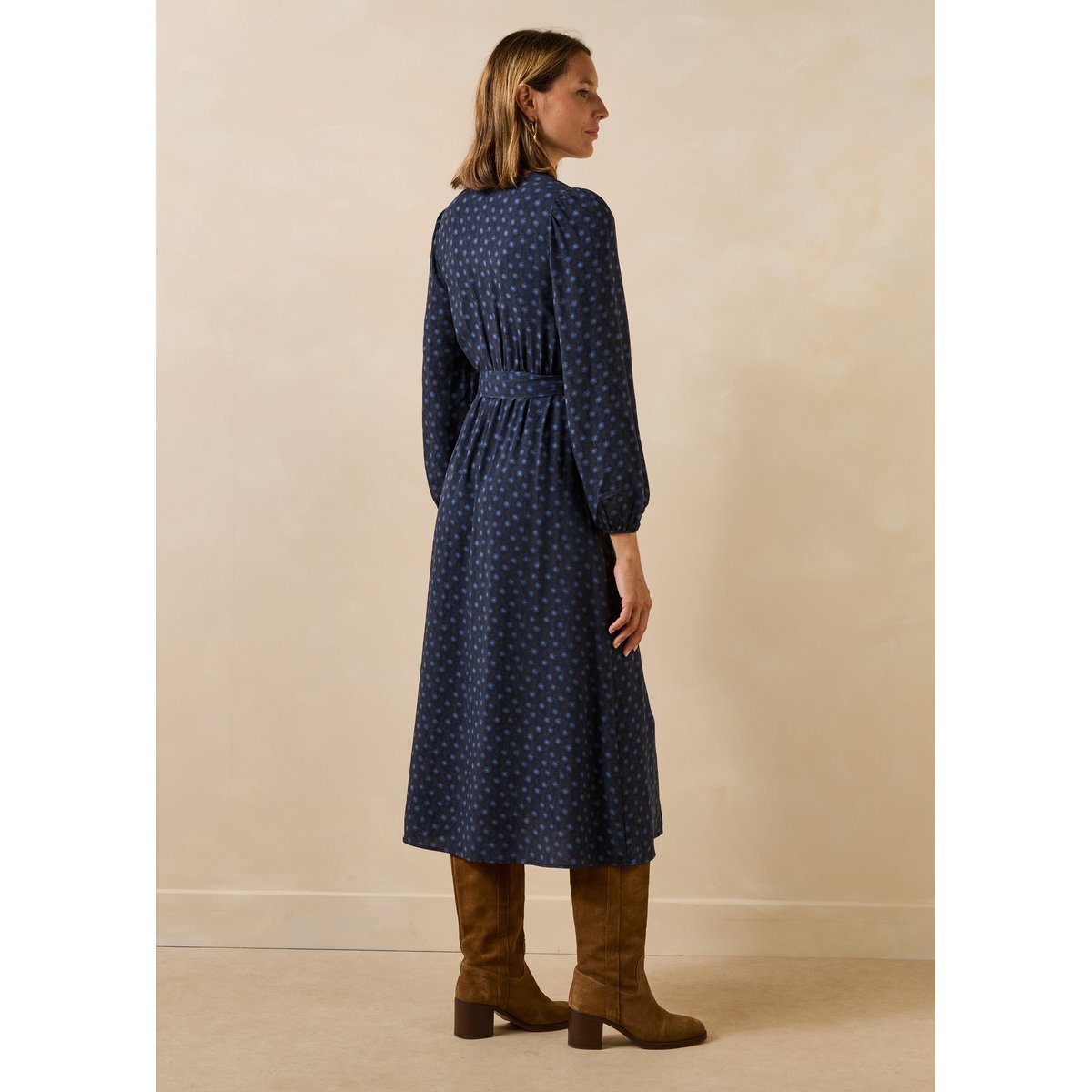 Robe longue manches longues cache-cœur à imprimé bleu, LA FEE MARABOUTEE