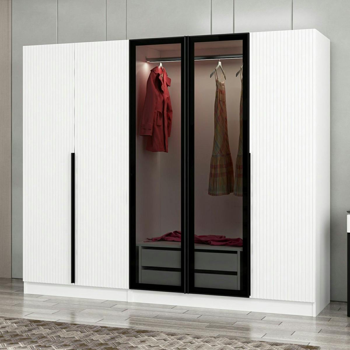 Armoire penderie blanche rainurée, 2 portes verre 225 cm BYRON blanc, PIER IMPORT