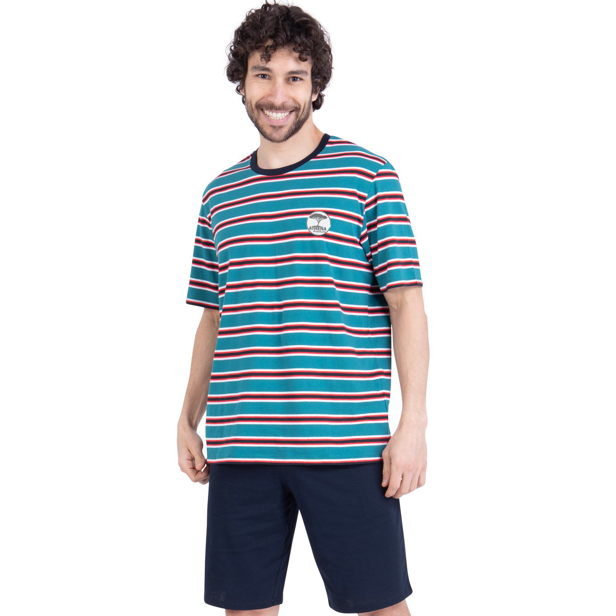 Pyjama court RAYURES AVENTURE vert-marine, ATHENA