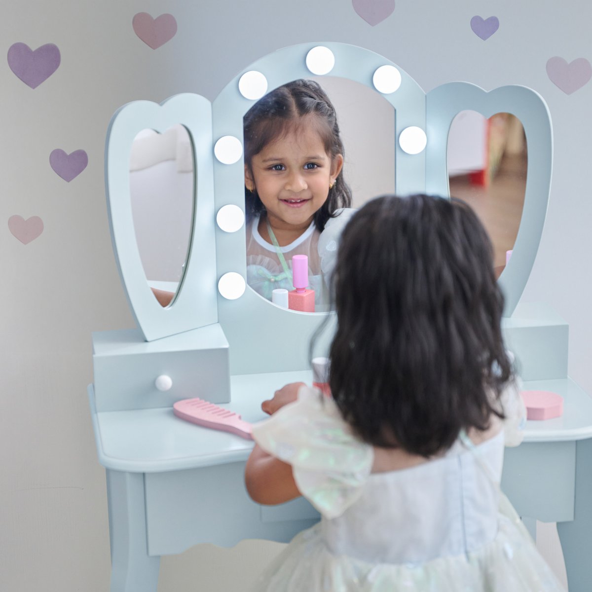 Coiffeuse cœur avec miroir LED & tiroirs blue, TEAMSON KIDS