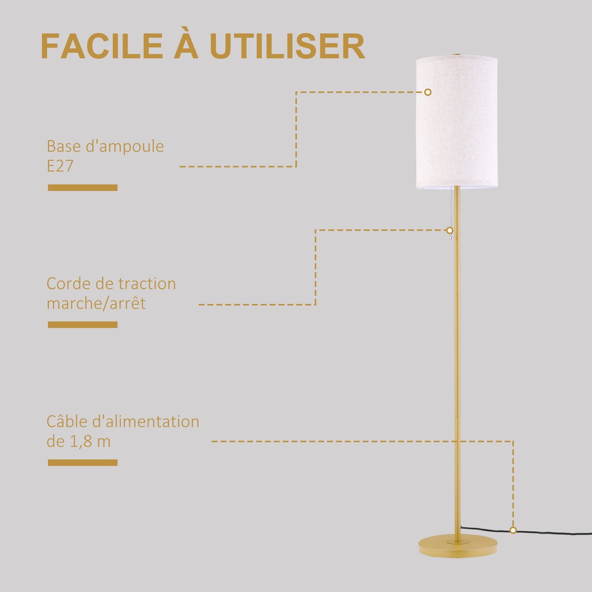 Lampadaire Acier Or doré, HOMCOM