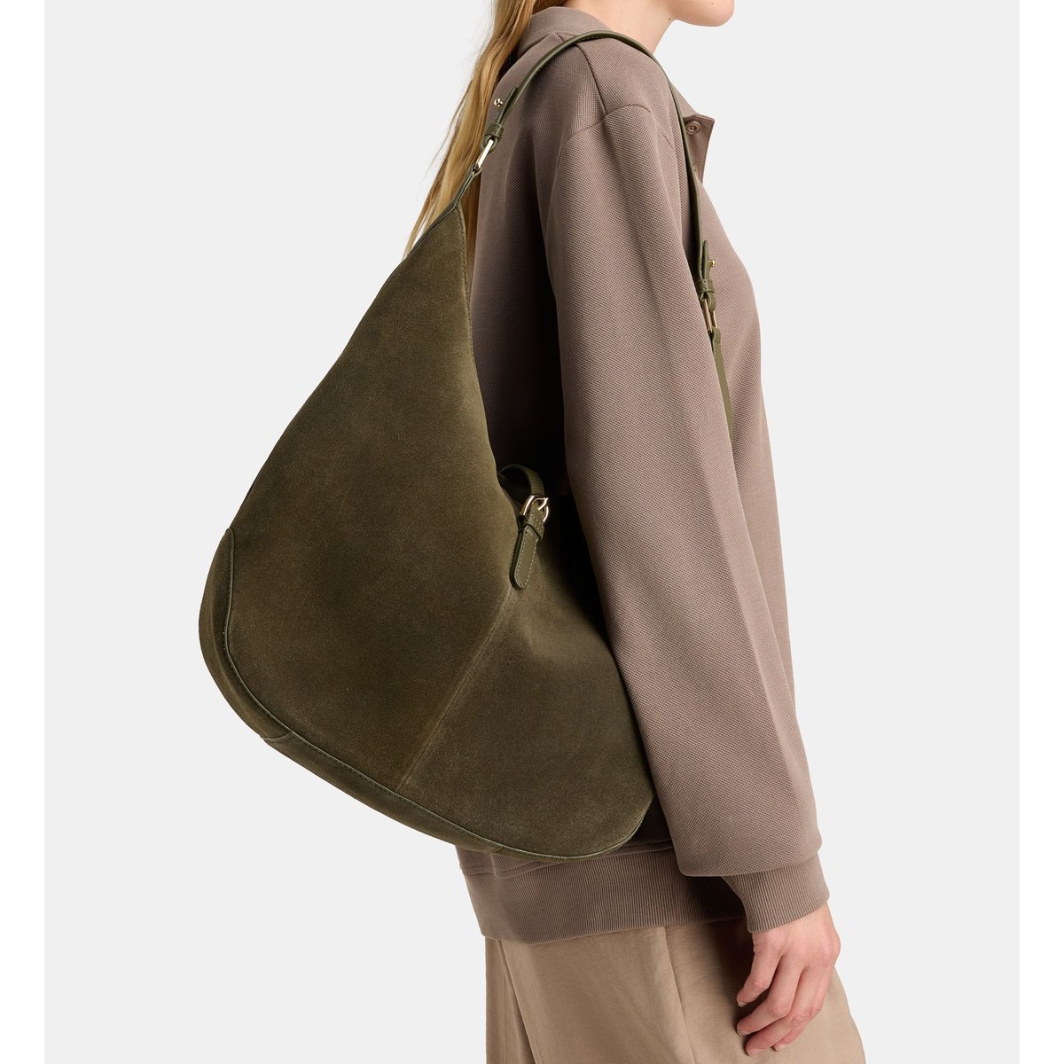 Sac à main souple louison cuir suédé kaki et vert, GALERIES LAFAYETTE