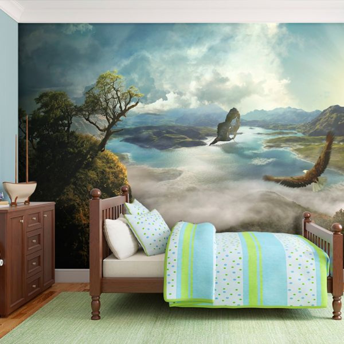 Papier peint intissé panoramique Fantaisie Vol au-dessus du lac gris / argent, EDEN