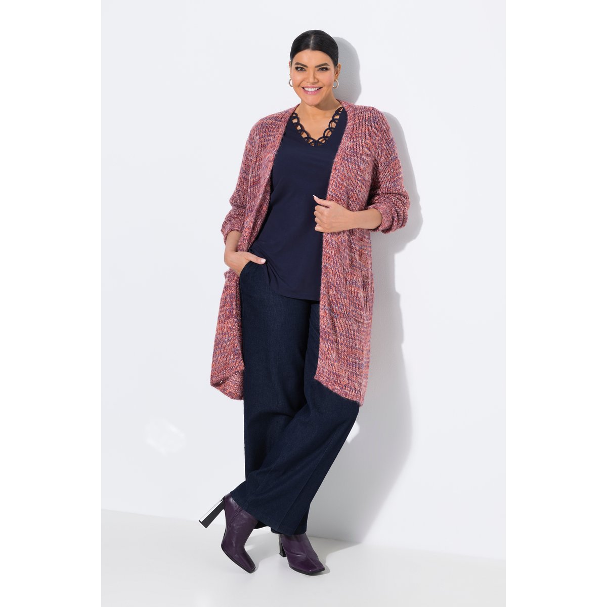 Long cardigan en grosse maille brun rouille, ULLA POPKEN