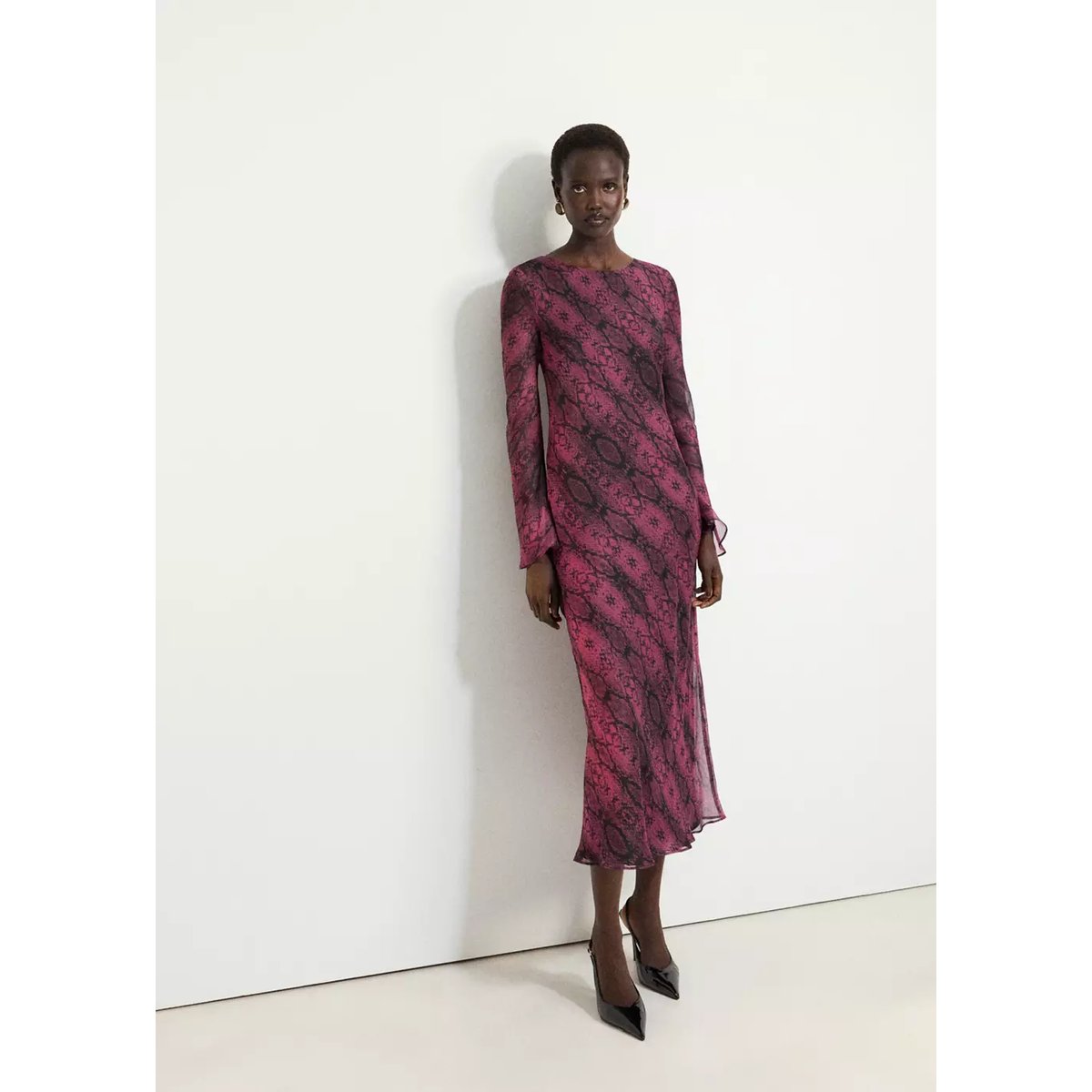 Robe à manches évasées imprimé animal rose, MANGO