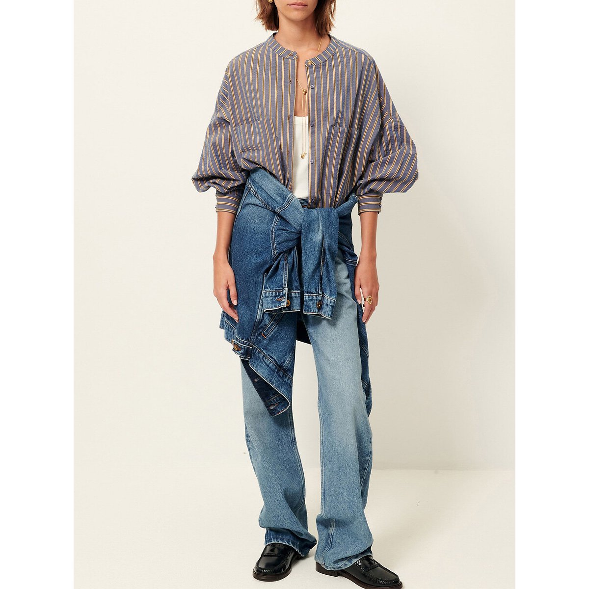 Cadaques Striped Shirt with Crew Neck and Gathered Hem blue, SESSUN