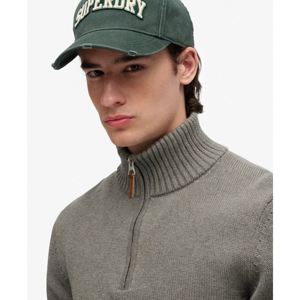 Pull à col zippé en maille de coton Classics gris chiné, SUPERDRY