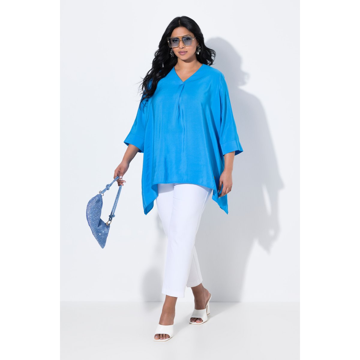 Tunique décolleté en V et manches courtes aqua, ULLA POPKEN