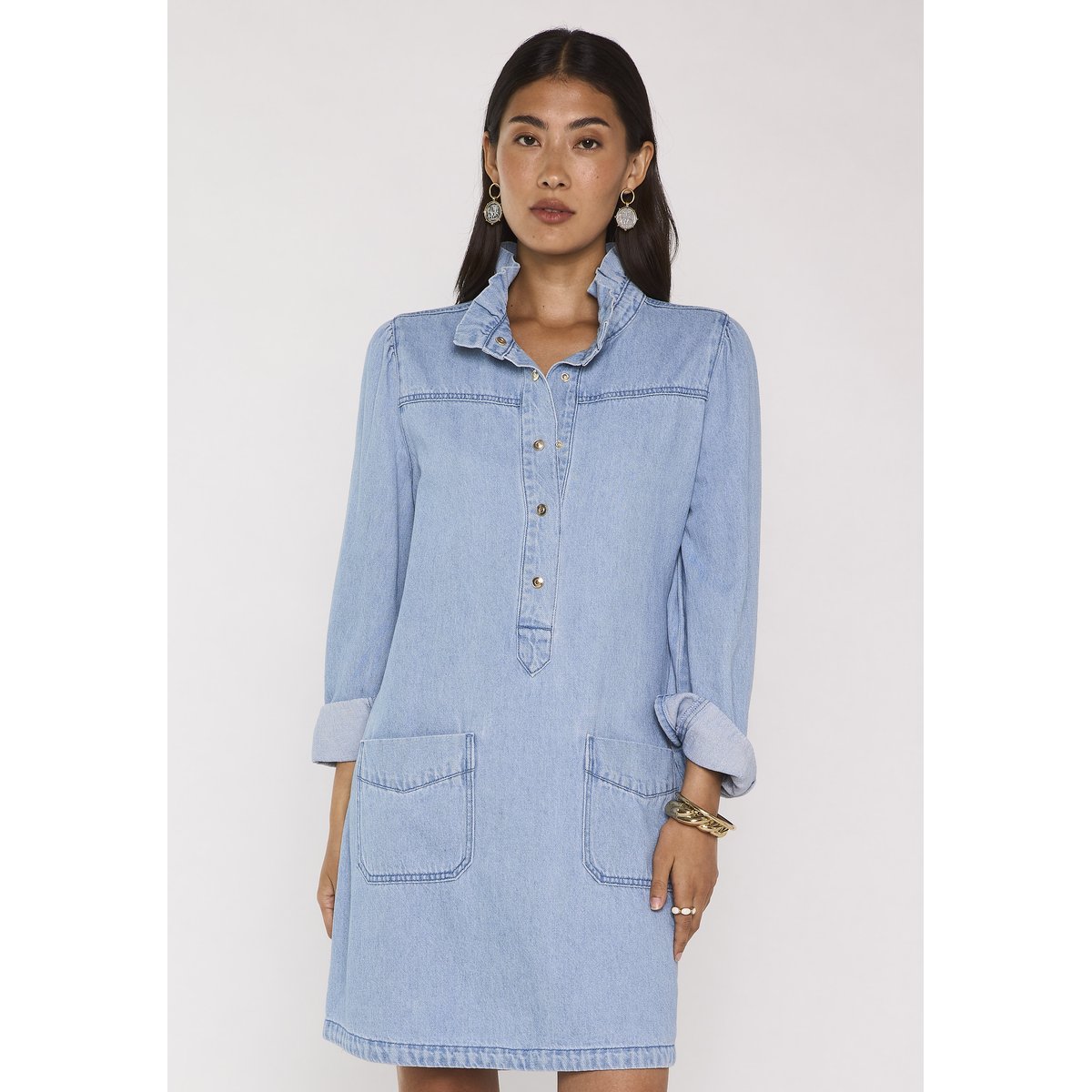 Robe droite denim à manches longue en coton BLAKE pure bleached, Maison 123