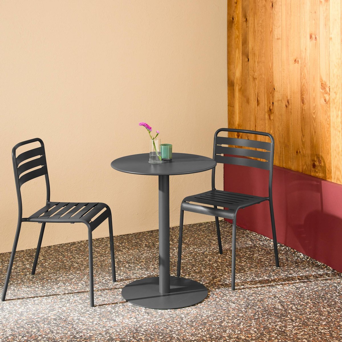 Table de jardin bistrot ronde acier + 2 assises OREA + AMÉLIA kaki, SWEEEK