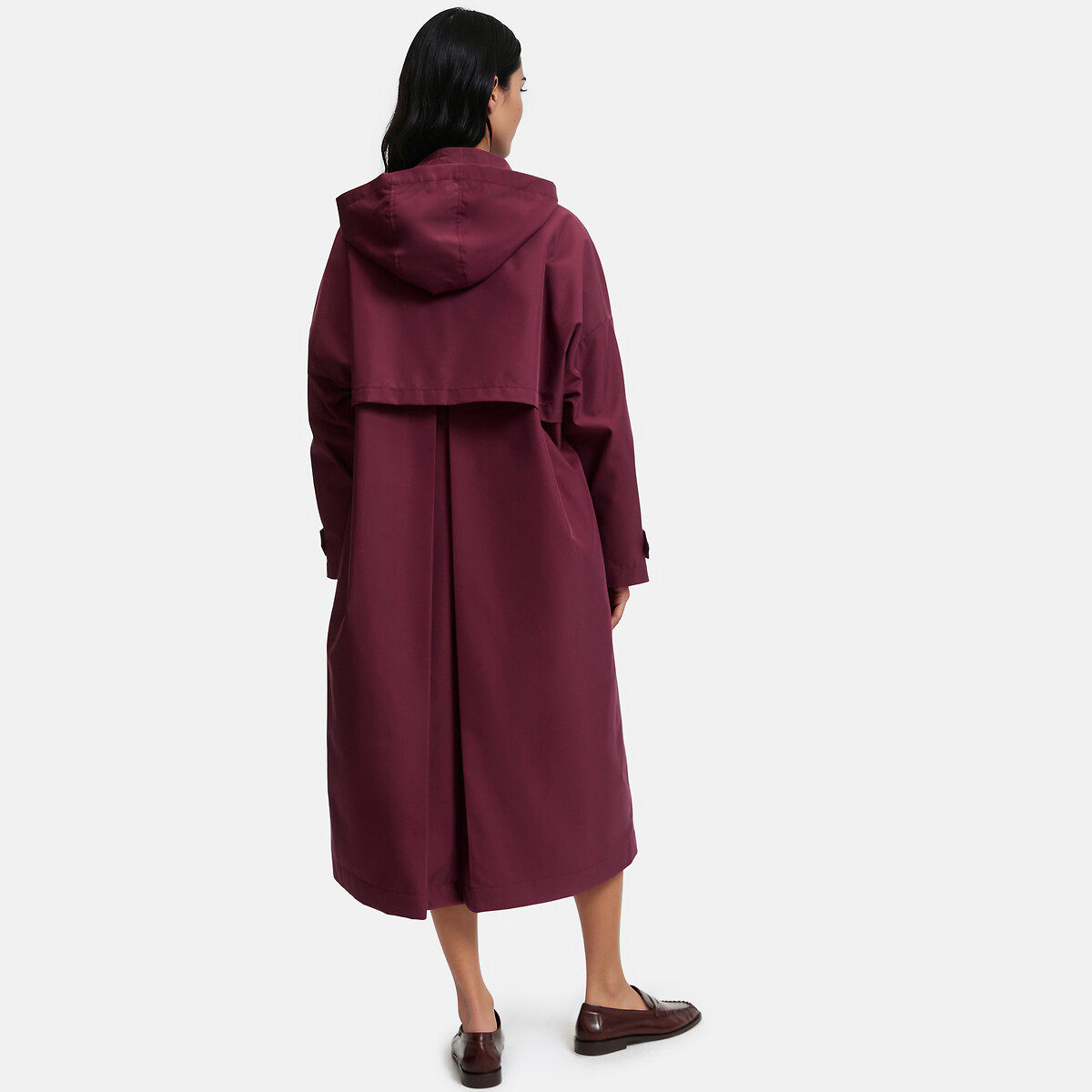 Trench largo y amplio con capucha desmontable rojo burdeos, LA REDOUTE COLLECTIONS