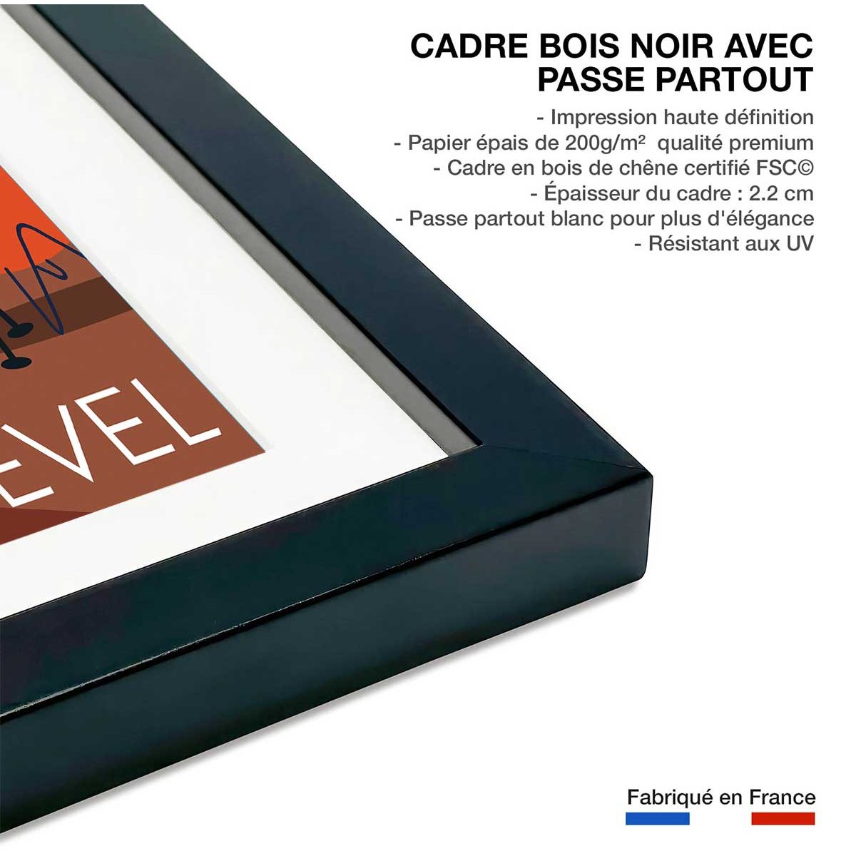 Affiche Ski à Courchevel affiche + cadre en bois - noir, HEXOA