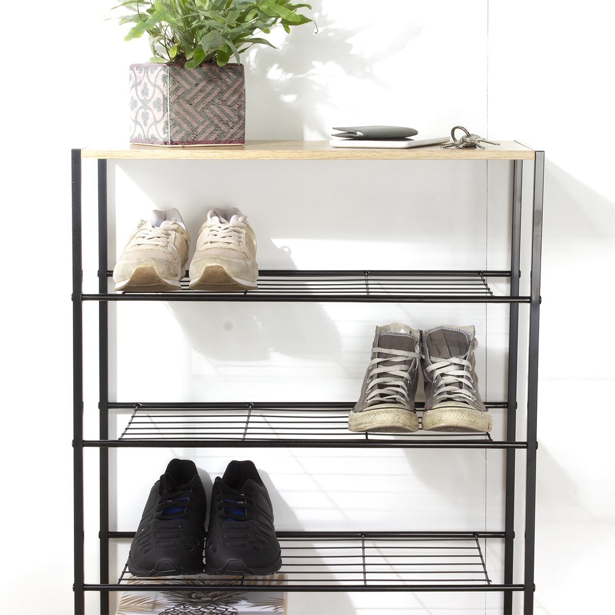 Etagère à chaussures 5 niveaux en métal noir - LEXIE bois clair, CALICOSY
