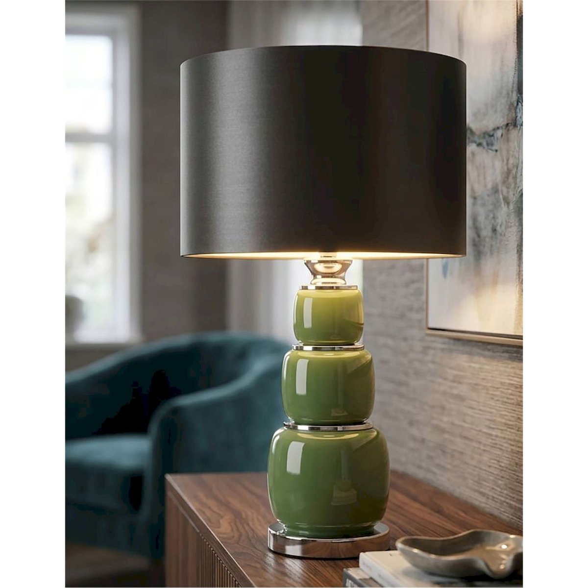 Lampe à poser en verre abat-jour tissu MODERN vert et noir, RECOLLECTION