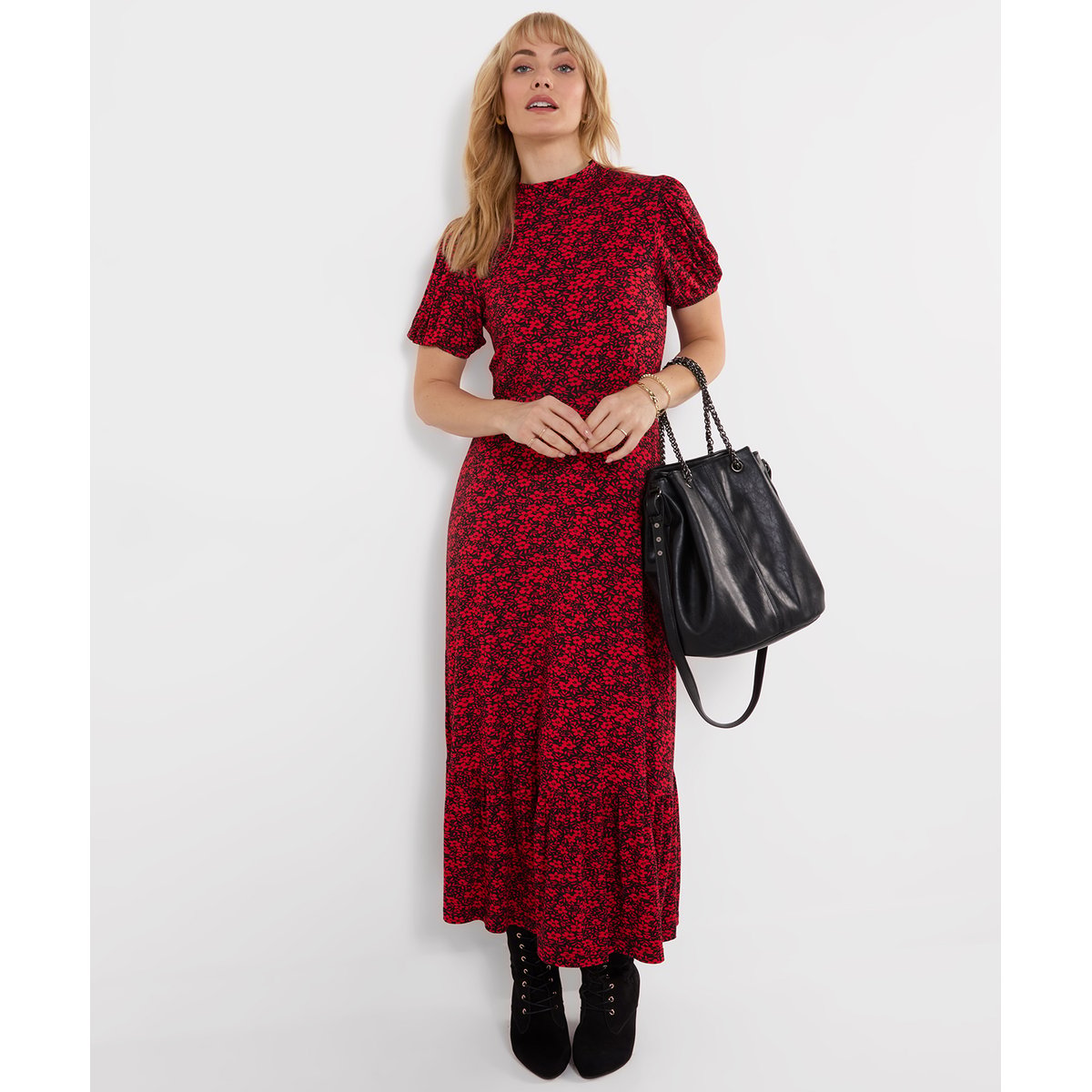Robe Longue en Jersey à Col Montant Rêves Fleuris rouge, JOE BROWNS