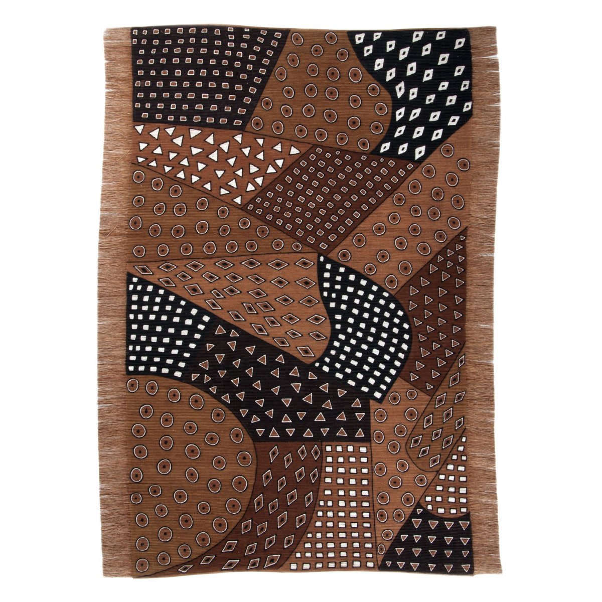 Tapis salon Bogolan fait main, plat, franges terracotta, THEKO
