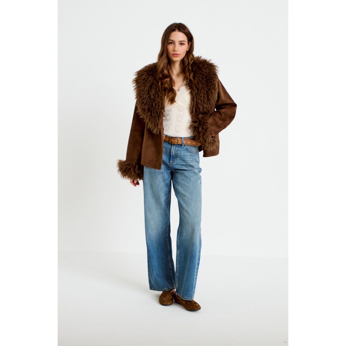Jean wide leg ceinture amovible denim dirty, CACHE CACHE