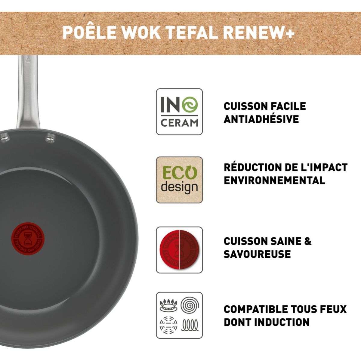 Wok Manche fixe Renew+ 28cm C4241953 coloris unique, TEFAL