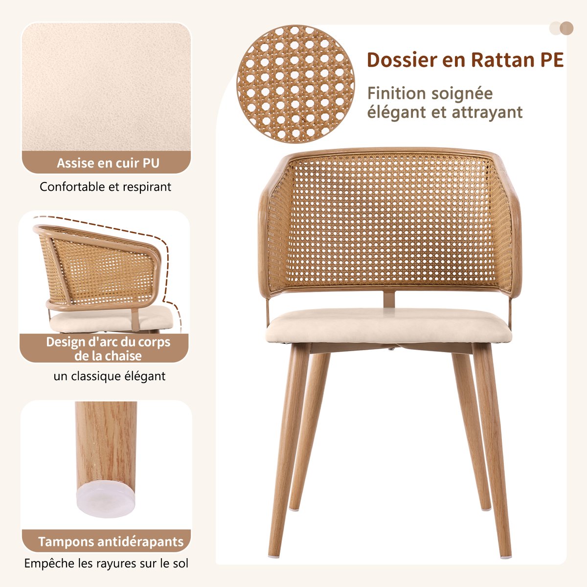 Lot de 6 chaises de salle à manger en velours avec dossier en rotin style moderne et confortable, DEWR beige, MEUBLES COSY