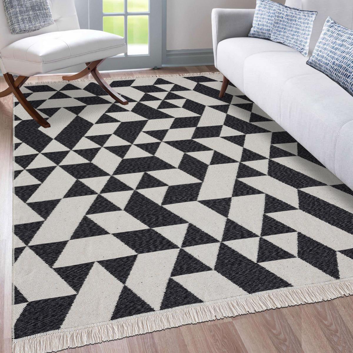 Tapis kilim reversible en coton motif géométrique BI écru, noir, UN AMOUR DE TAPIS