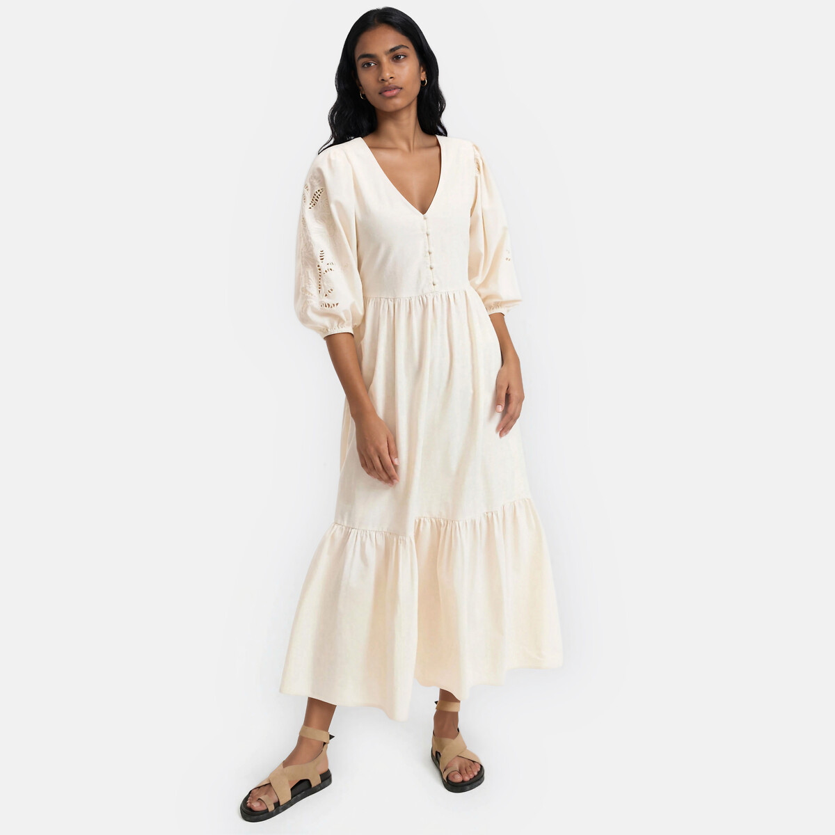 Robe longue col V manches brodées  ivoire brodé, LA REDOUTE COLLECTIONS