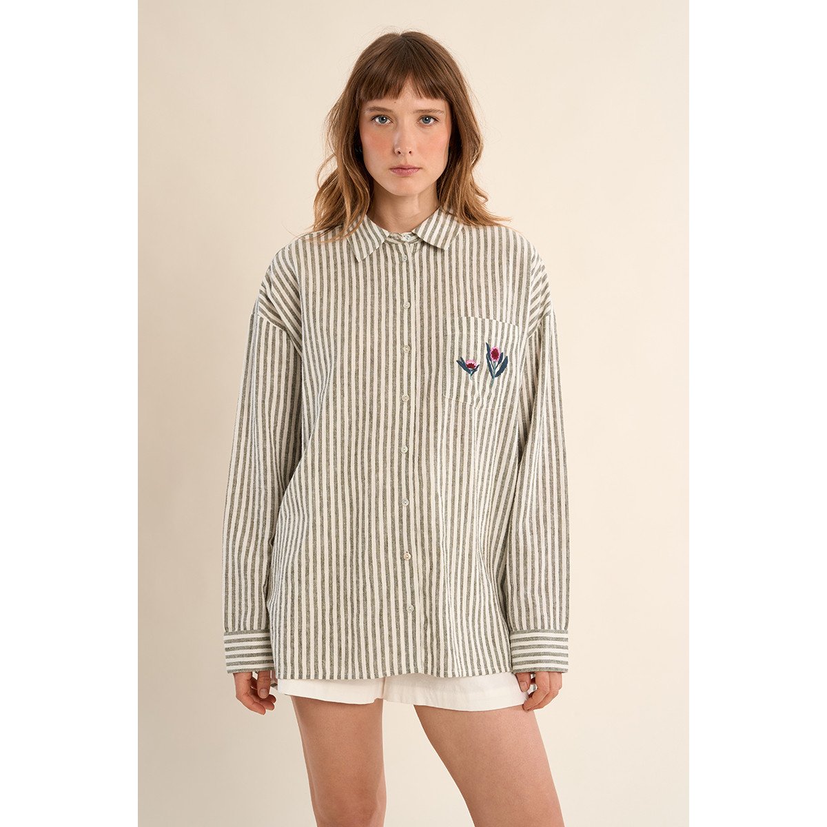 Chemise en coton, rayée khaki, MOLLY BRACKEN