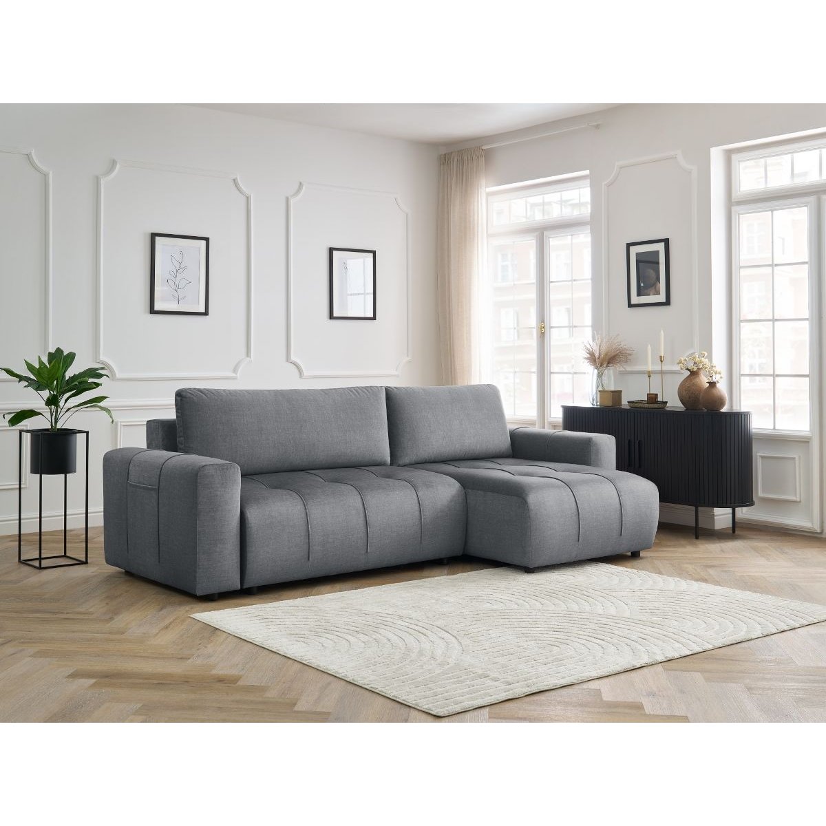 Canapé d'angle convertible 3 places en velours, ARSENE gris foncé, BOBOCHIC