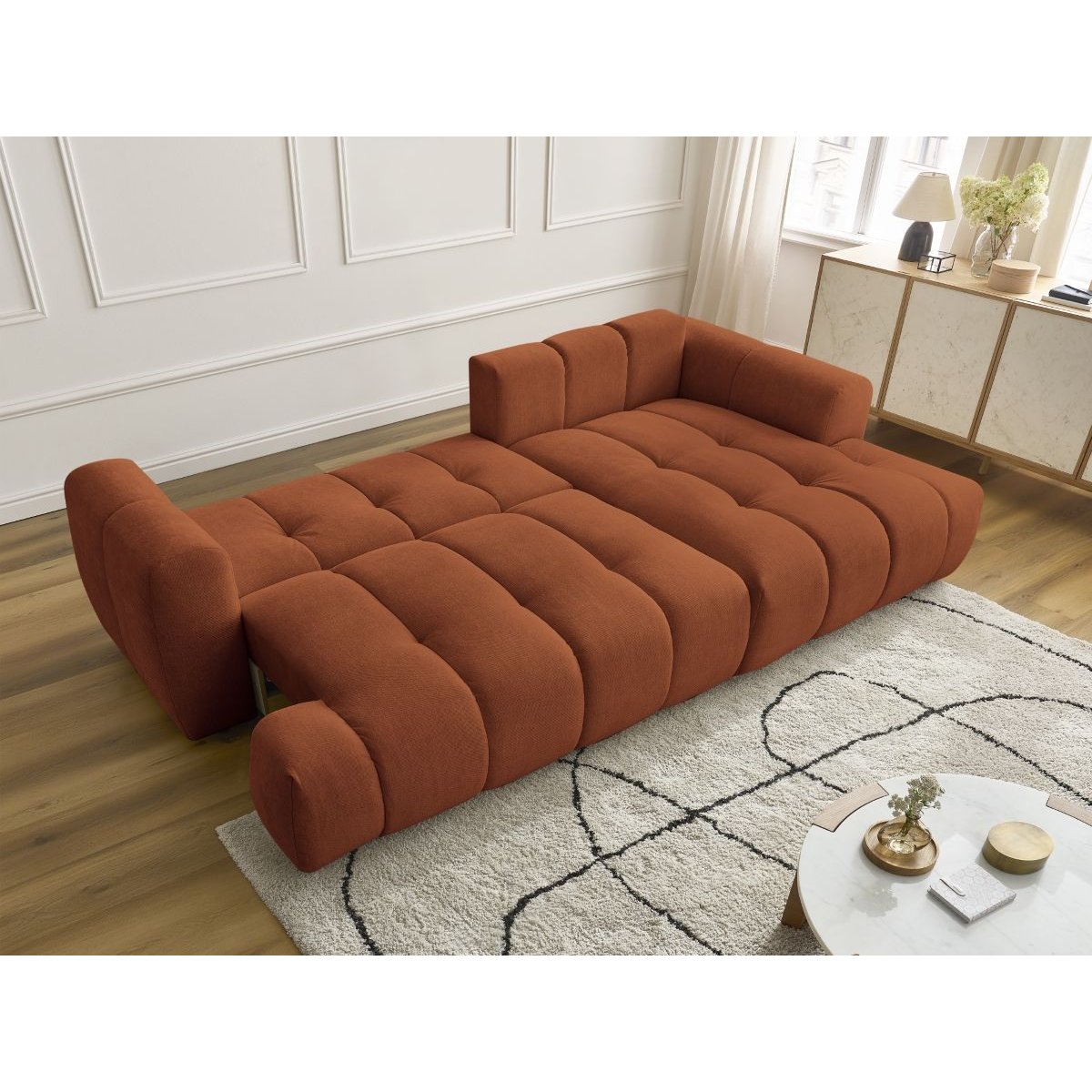 Canapé d'angle convertible 3 places en tissu lisse, FUJI orange, BOBOCHIC