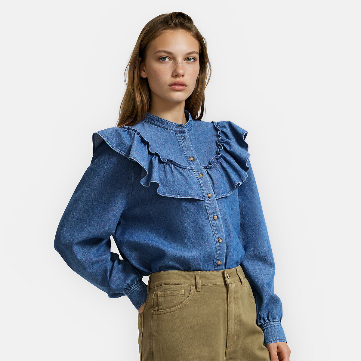 Ruffled Crew Neck Denim Shirt stonewashed blue, LA REDOUTE COLLECTIONS