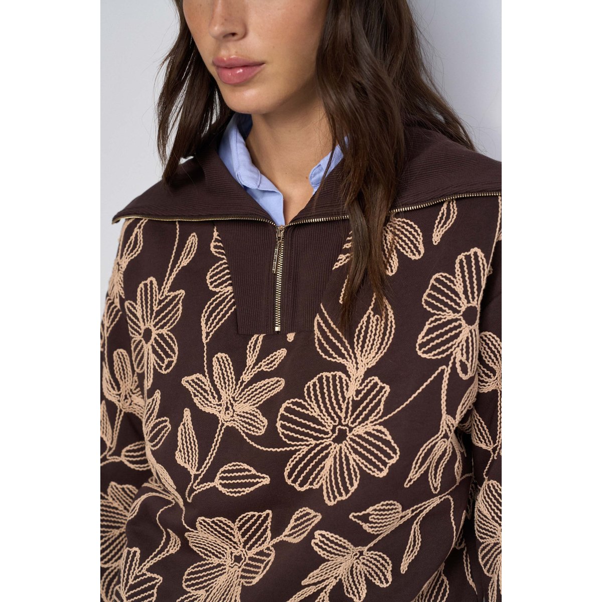 SWEAT À DEMI-ZIP AVEC BRODERIES marron, SALSA JEANS