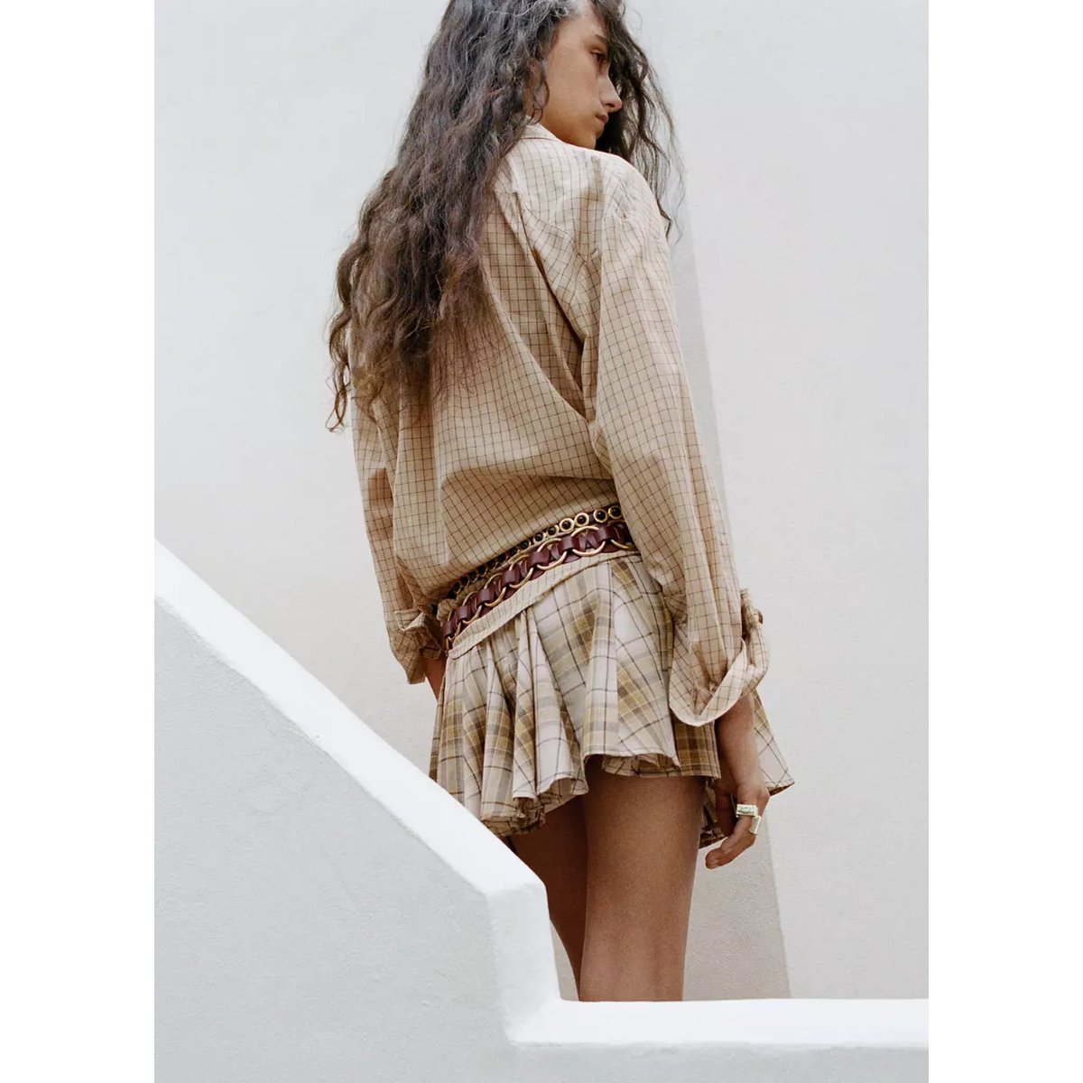 Jupe plissée carreaux marron, MANGO