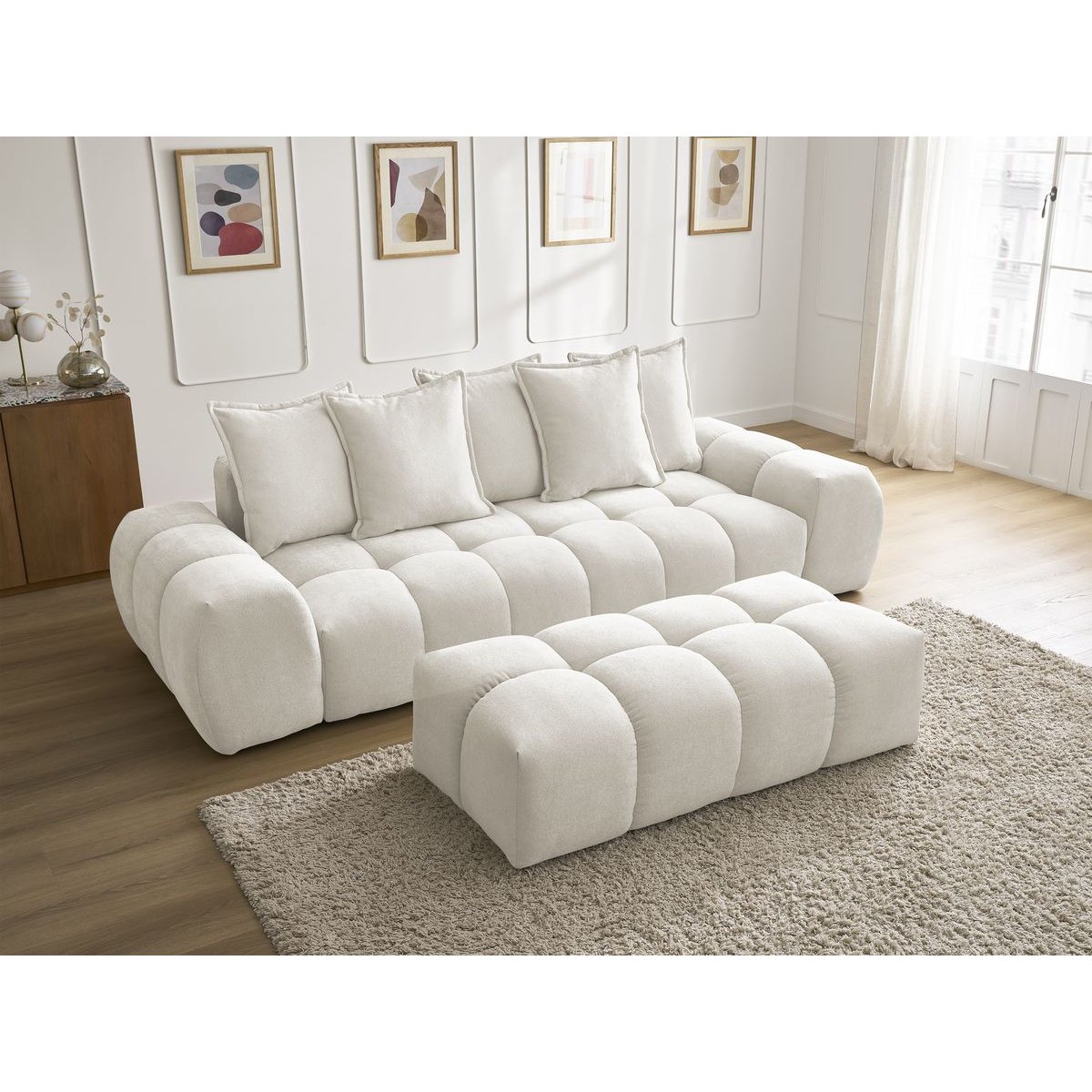 Canapé droit fixe 3 places en tissu texturé avec pouf, EVEREST blanc, BOBOCHIC