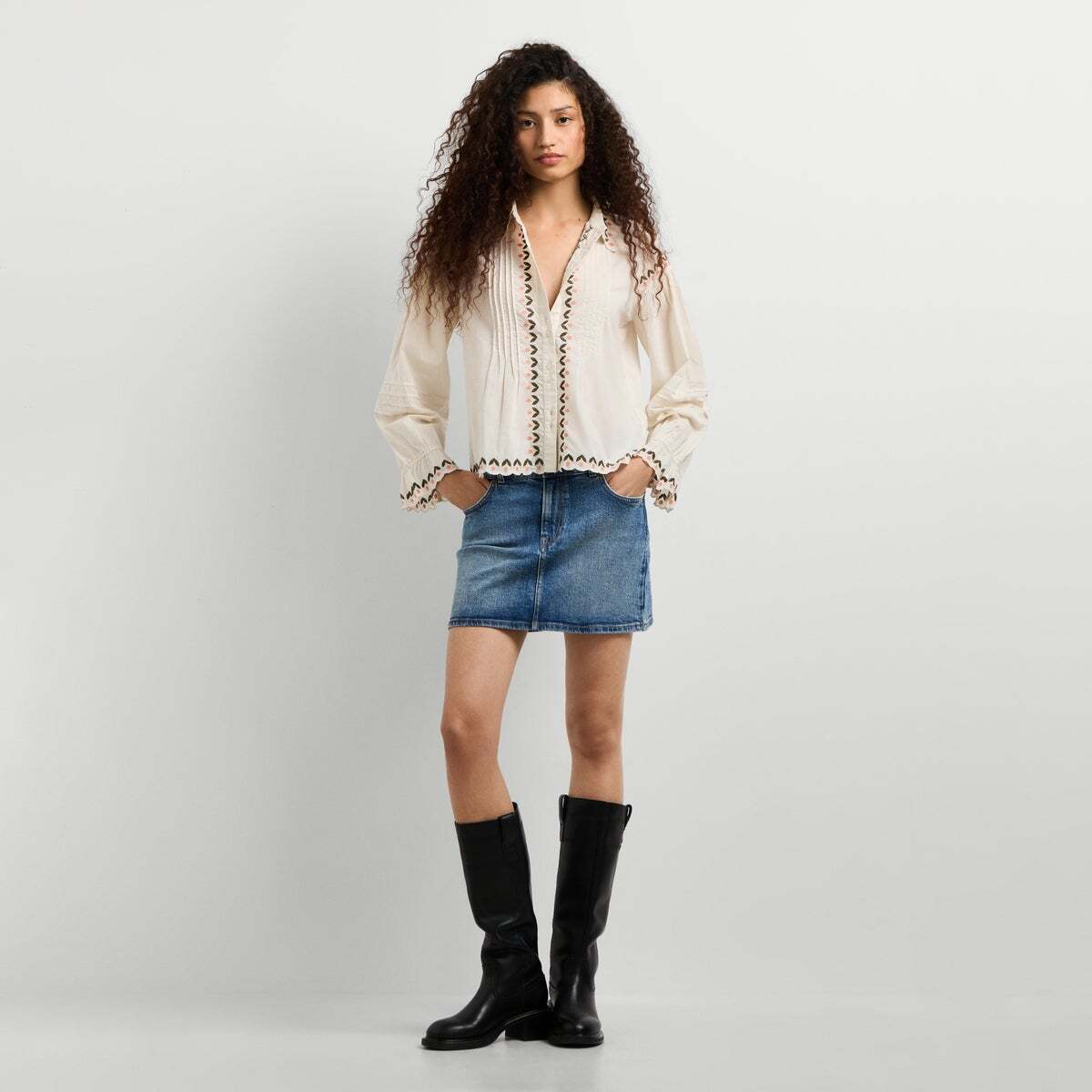 Blouse Plissée Avec Détails Brodés blanche mousse, PEPE JEANS