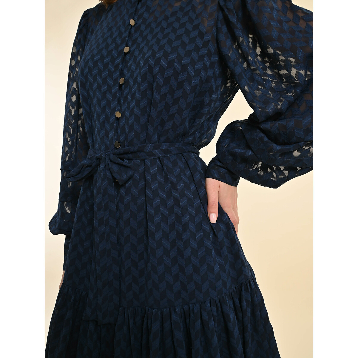 Buttoned Mini Dress with Tie-Waist and High Neck navy blue, MOLLY BRACKEN