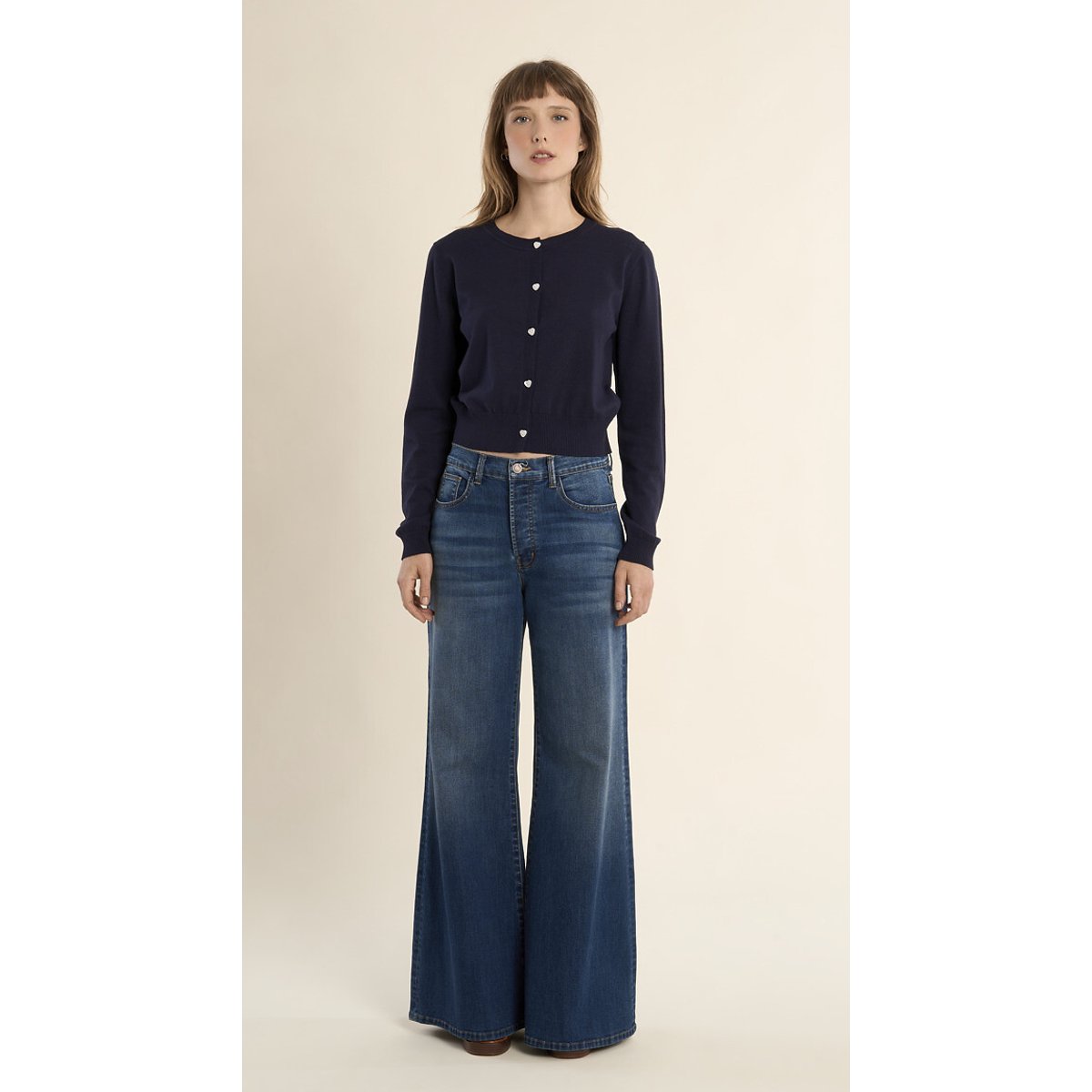 Gilet col rond boutonné bleu marine, MOLLY BRACKEN