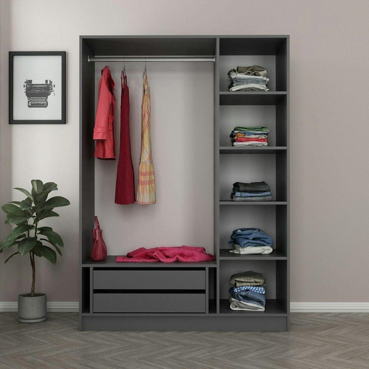 Armoire penderie grise design, 3 portes vitrées BYRON anthracite, PIER IMPORT