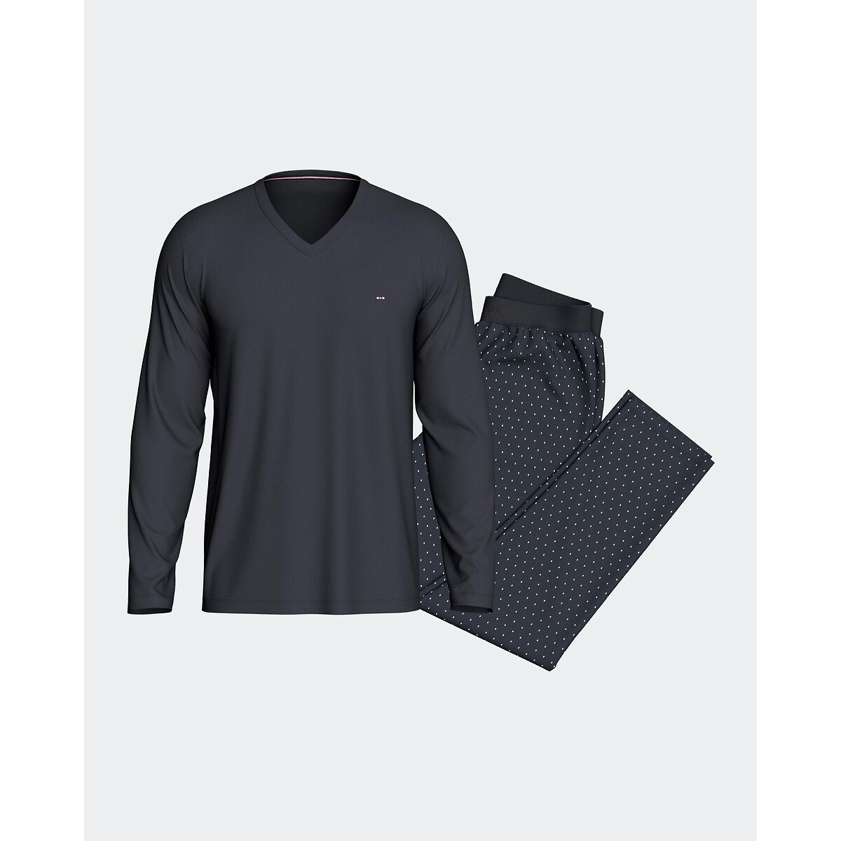 Pigiama lungo, pantaloni con stampa a pois blu marino, EDEN PARK