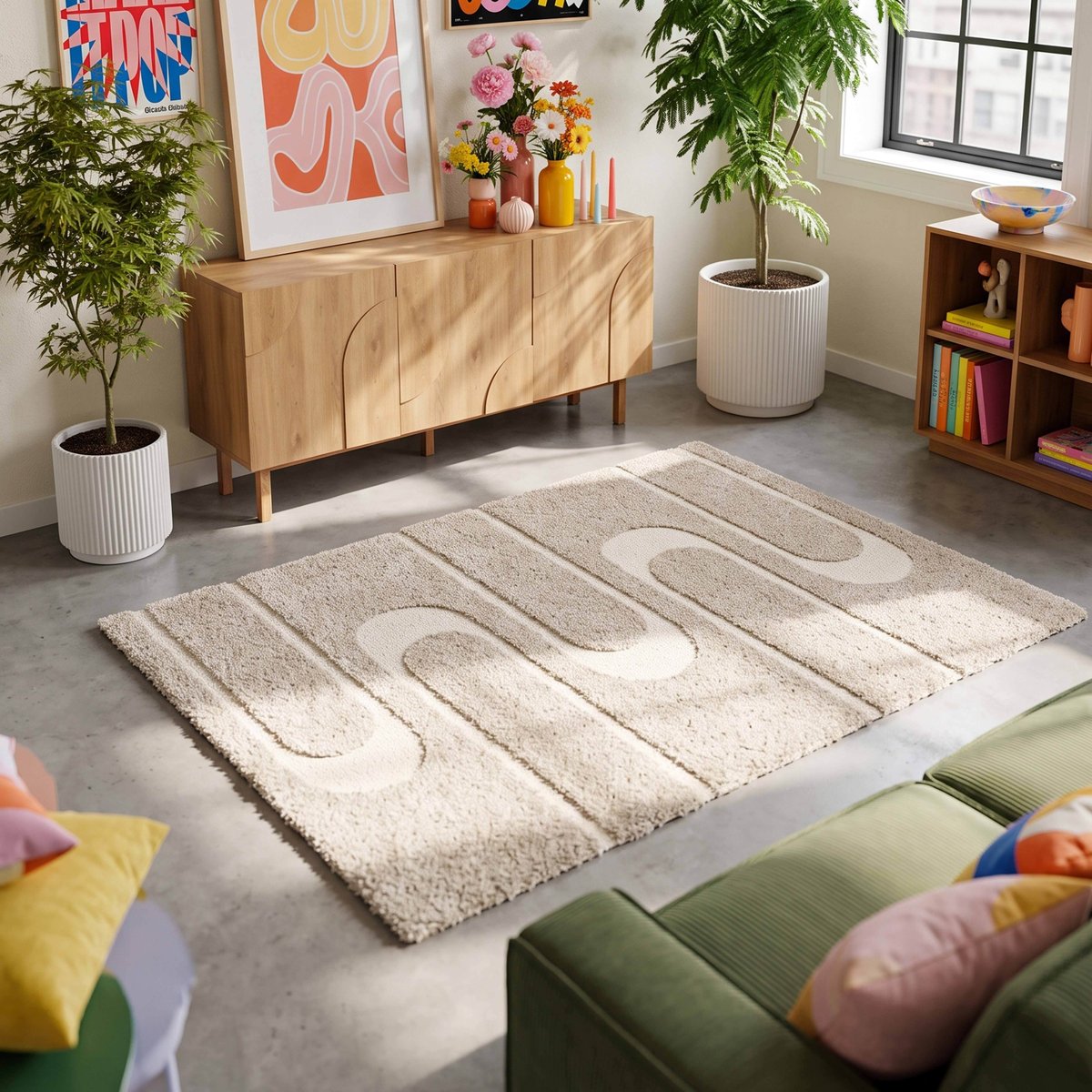Tapis shaggy rectangulaire en polyester recyclé motif géométrique à poils longs, ZIGGY taupe, OVIALA