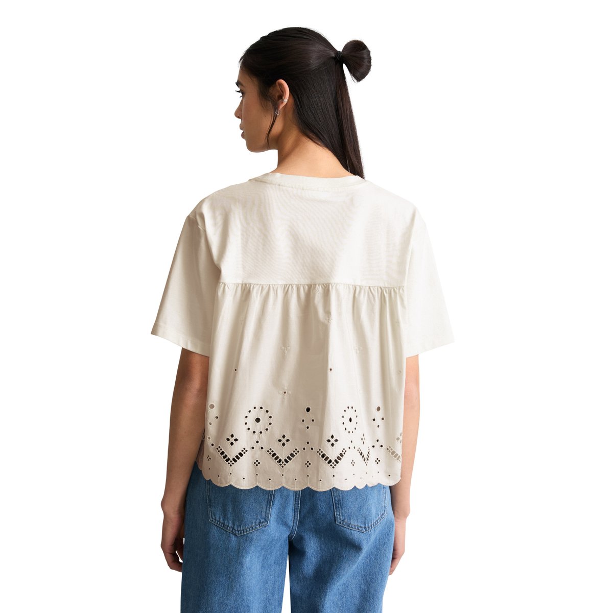T-shirt avec broderie anglaise relaxed en mélange de matériaux blanc, MARC O’POLO DENIM