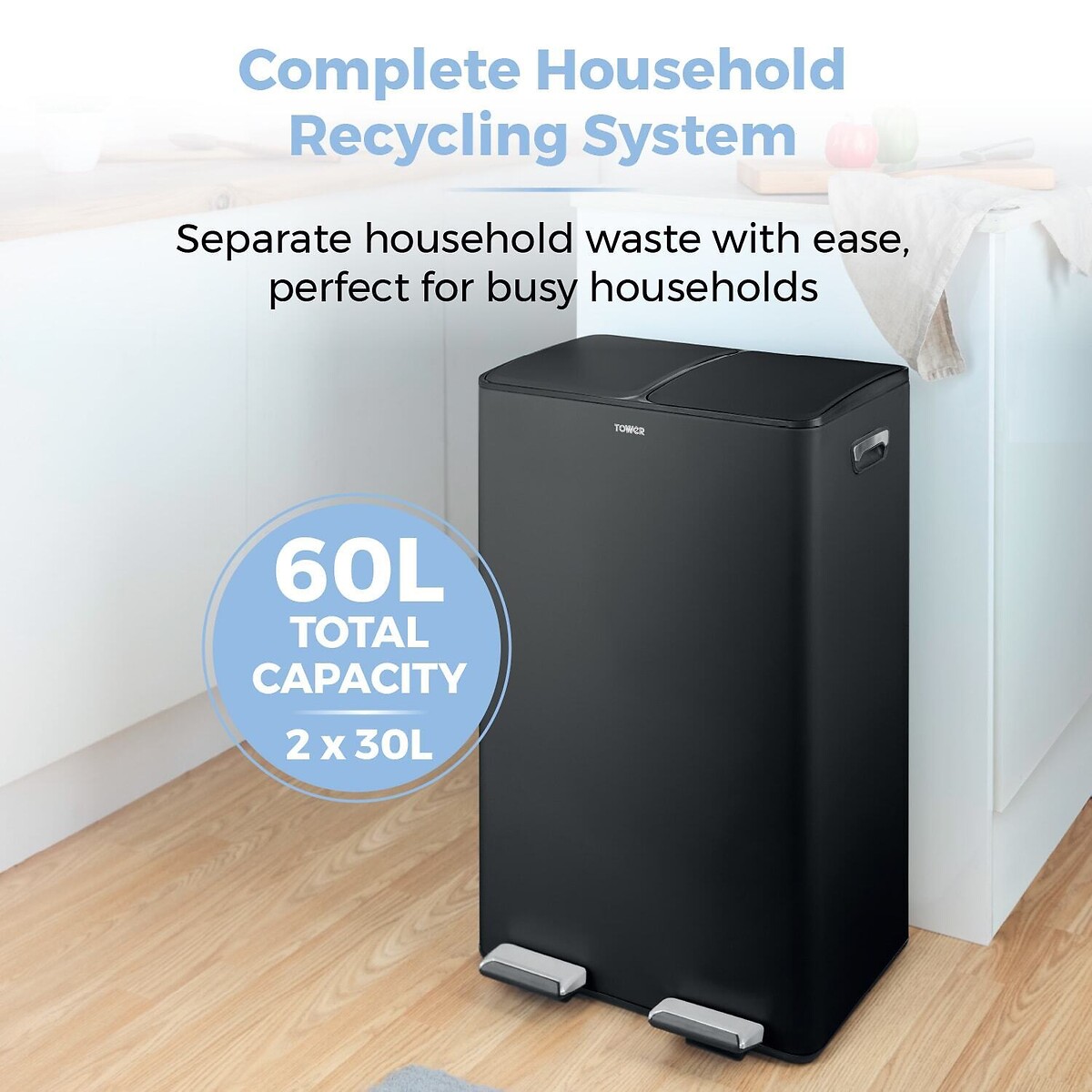 2 x 30L Recycling Pedal Bin black, TOWER
