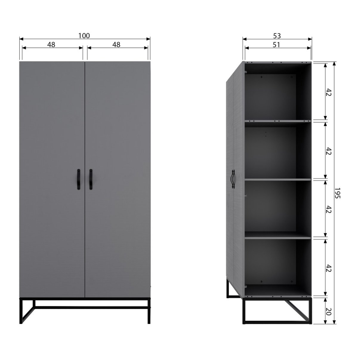 Armoire 2 portes en pin massif- MORRIS gris, WOOOD