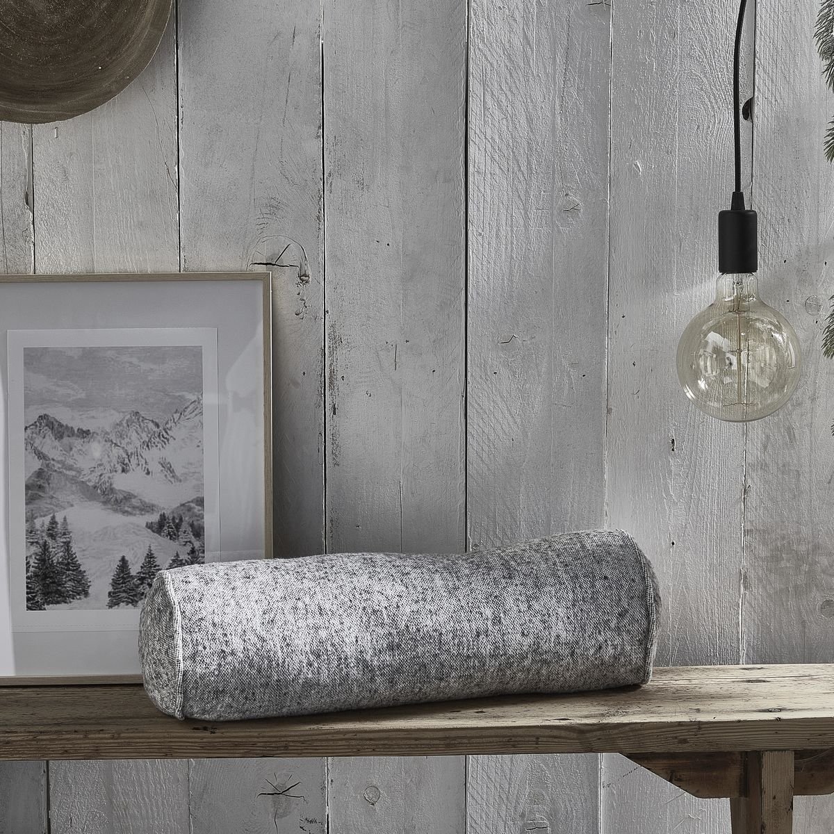 Coussin polochon imprimé a carreaux coton MOUNTAIN gris clair, TODAY