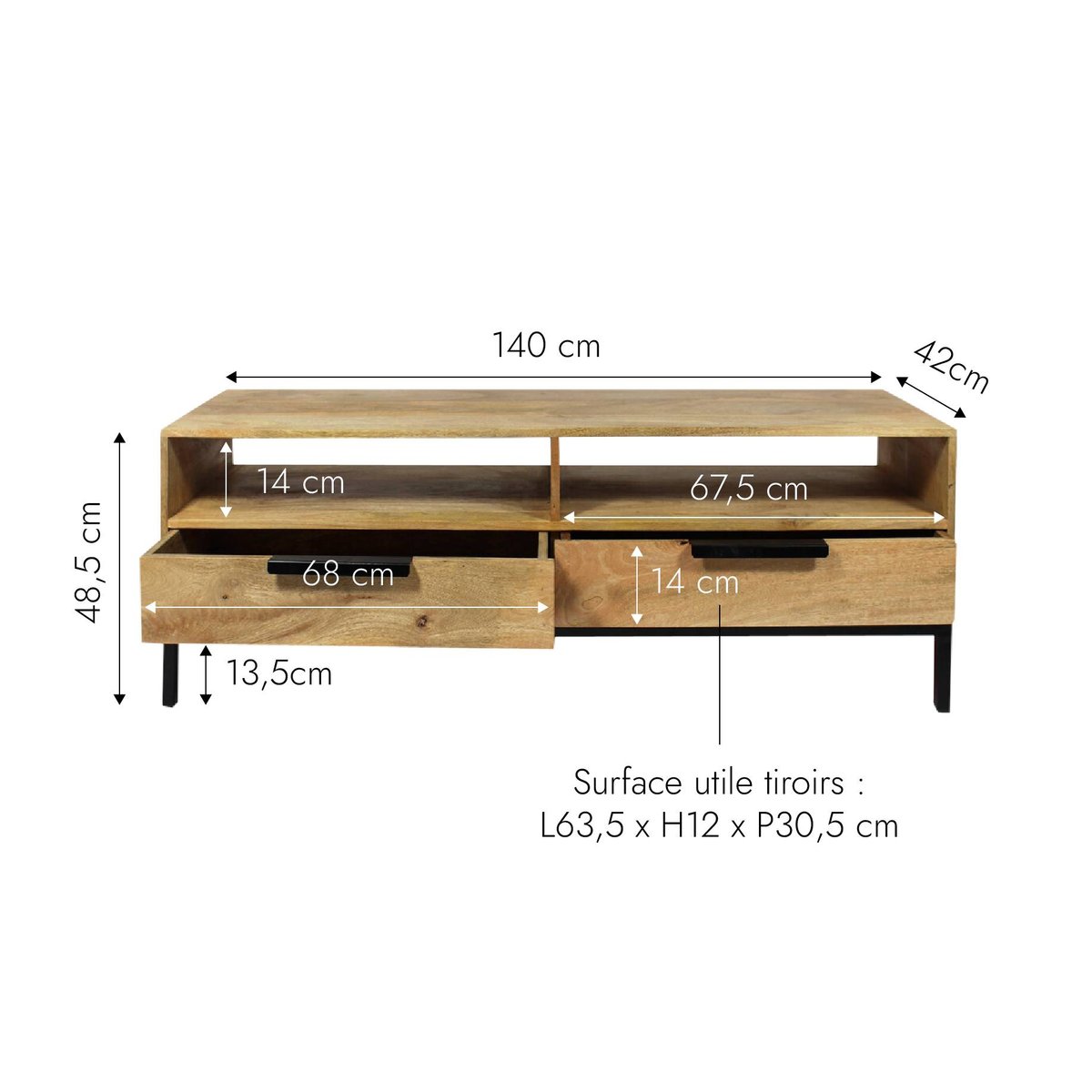 Meuble TV en bois de manguier 1005 noir, MADE IN MEUBLES