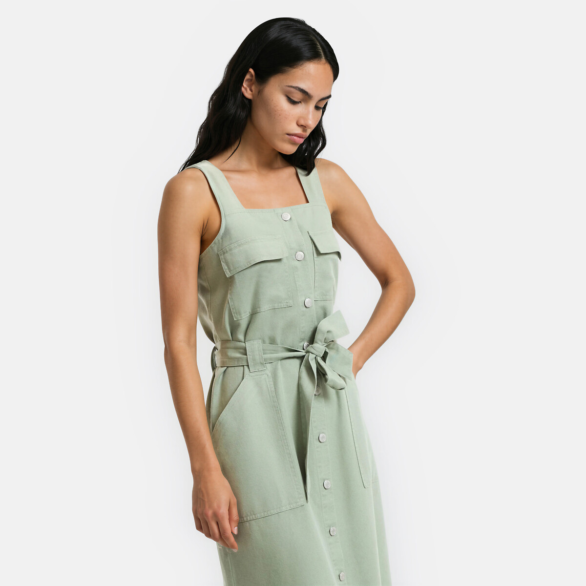 Robe midi à bretelles en lyocell et coton vert kaki, LA REDOUTE COLLECTIONS