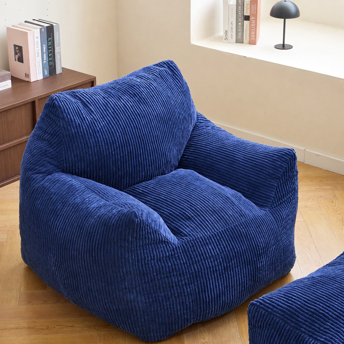Pouf de salon et repose pieds, velours côtelé, SABY bleu, NORDLYS