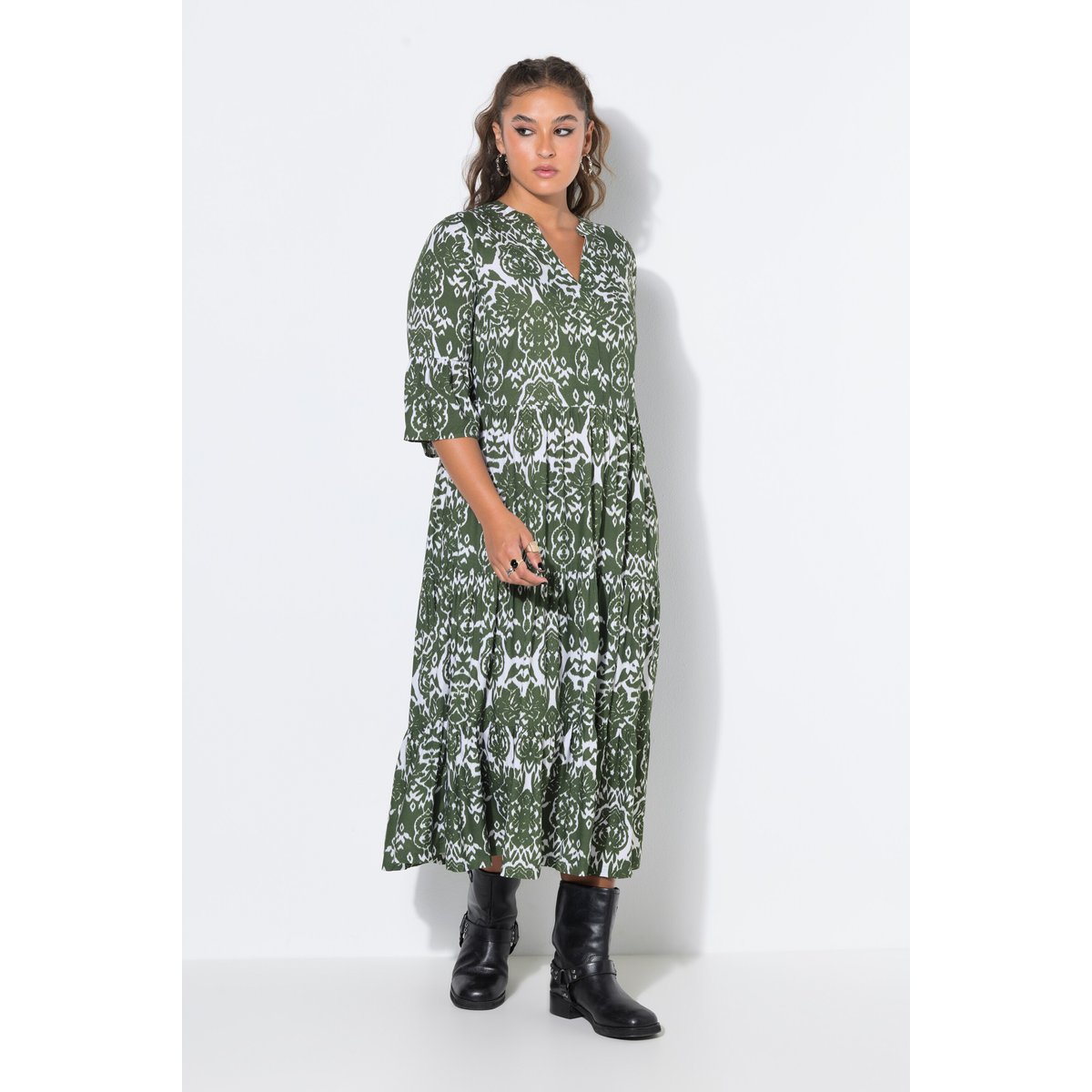 Robe maxi coupe trapèze à volants olive clair, STUDIO UNTOLD