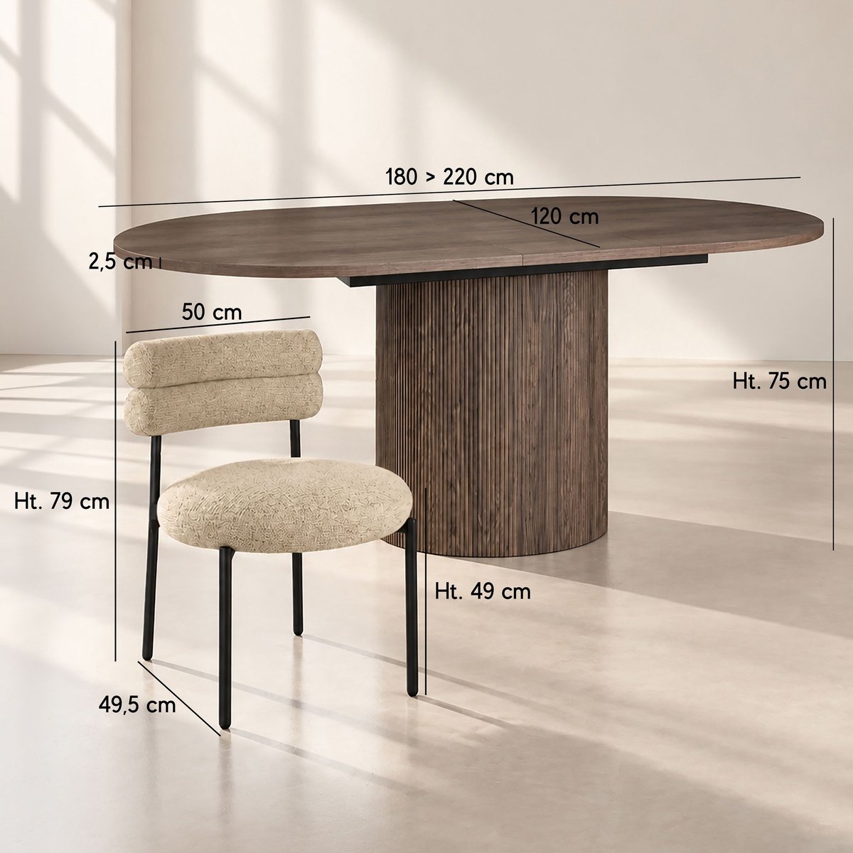 Table extensible 180/220cm avec 6 chaises en tweed GINA beige, NOW'S HOME