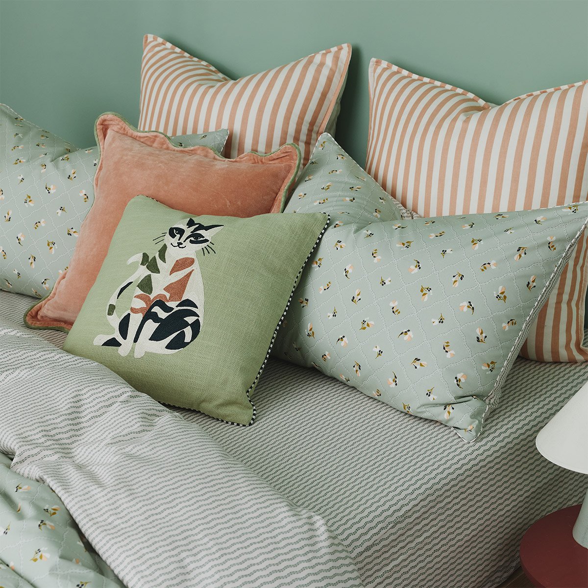Taie d'oreiller en percale de coton vert, BERGAMOTE a motif, DESFORGES