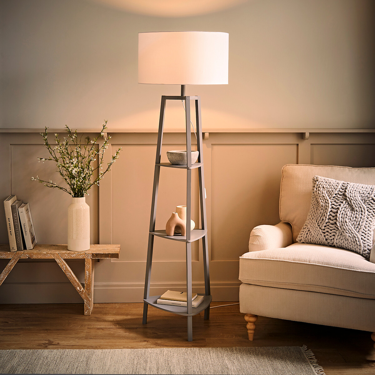 Hollis 3-Tier Shelf Tripod Floor Lamp with Large Shade white, SO'HOME