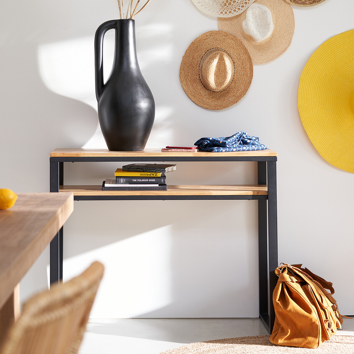 Console con 2 ripiani, rovere massello e acciaio, Hiba naturale , LA REDOUTE INTERIEURS